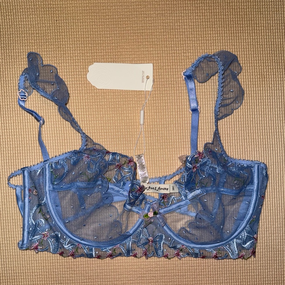 For love and lemons blue floral flutter lingerie bra size 38c new with tag